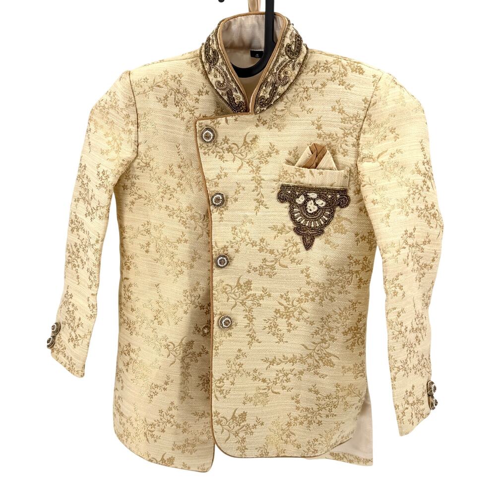Gold Brocade Embroidered Beaded Boys Indian Formal Sherwani Jacket